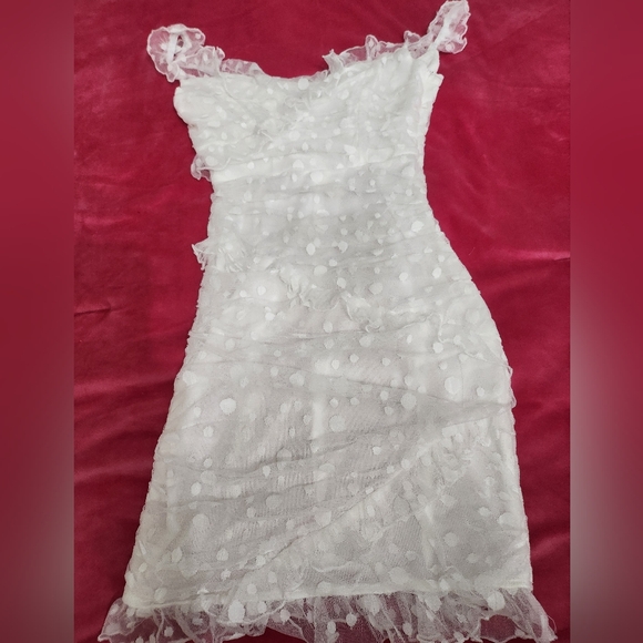 SELFIE LESLIE LA VIDA SWEETHEART NECKLINE FRILL TRIM POLKA DOT MESH DRESS WHITE - Picture 9 of 12
